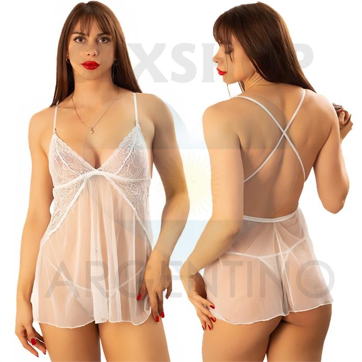 Babydoll Tul Con Puntilla Y Tanga Blanco