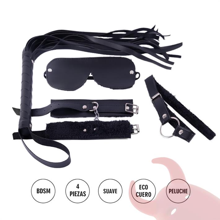  Kit ecocuero negro con antifaz, mordaza, esposas y latigo 