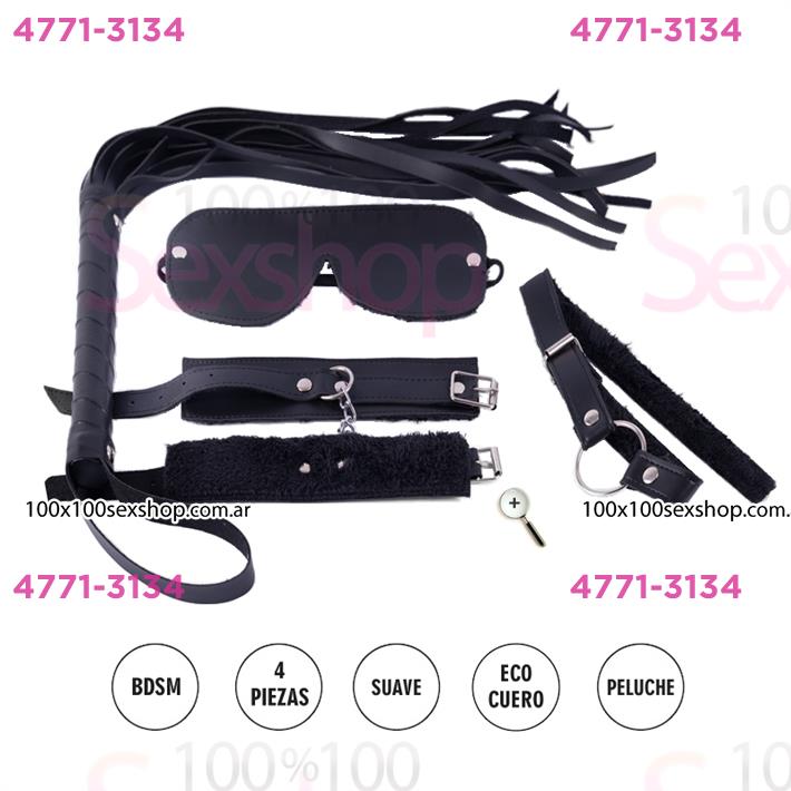 Cód: CA CU1001N - Kit ecocuero negro con antifaz, mordaza, esposas y latigo - $ 39700