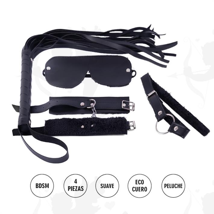 Kit ecocuero negro con antifaz, mordaza, esposas y latigo