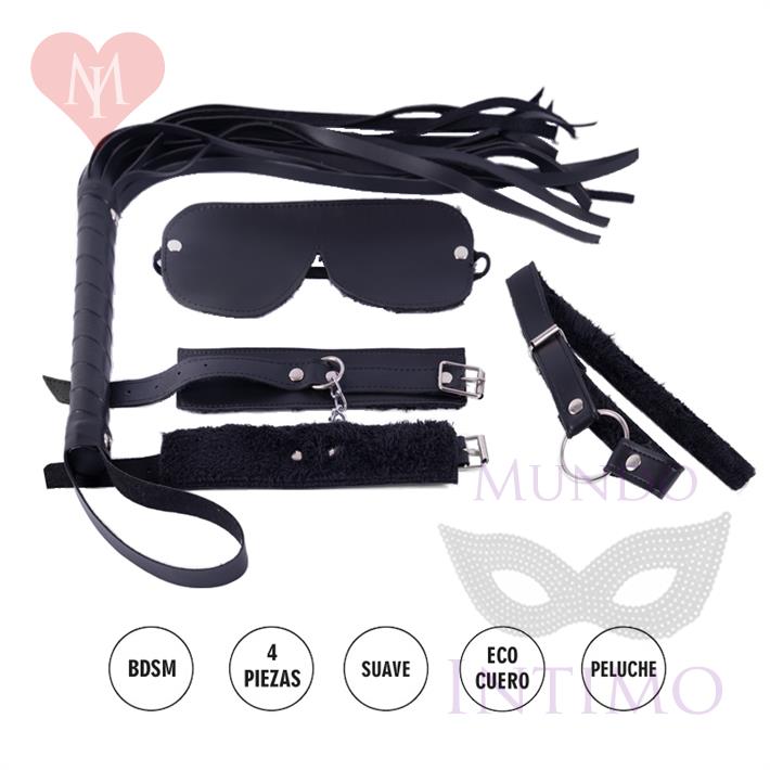  Kit ecocuero negro con antifaz, mordaza, esposas y latigo 