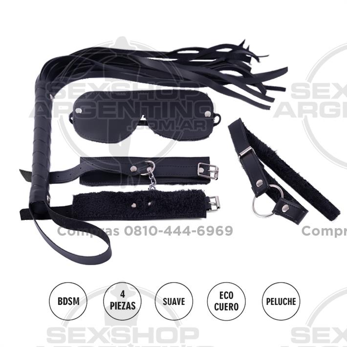 Kit ecocuero negro con antifaz, mordaza, esposas y latigo