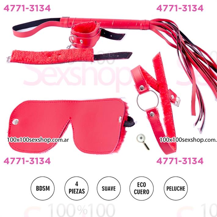 Cód: CA CU1001R - Kit de ecocuero rojo con latigo, mordaza, esposas y antifaz - $ 39700