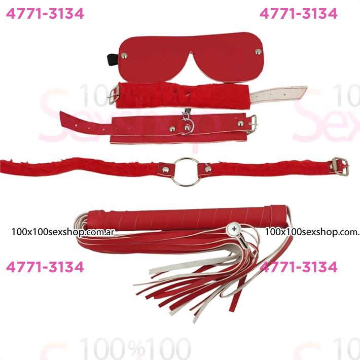 Cód: CA CU1001R - Kit de ecocuero rojo con latigo, mordaza, esposas y antifaz - $ 23000