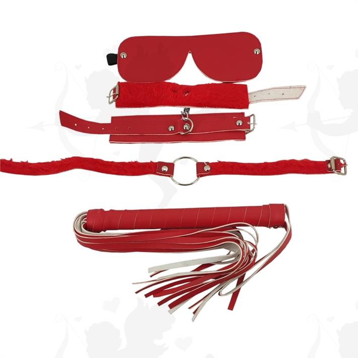 Cód: CU1001R - Kit de ecocuero rojo con latigo, mordaza, esposas y antifaz - $ 7320