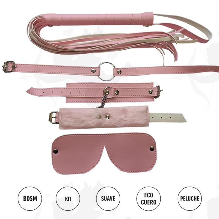 Cód: CU1001RO - Kit de ecocuero rosa con antifaz, mordaza, esposas y latigo - $ 6650