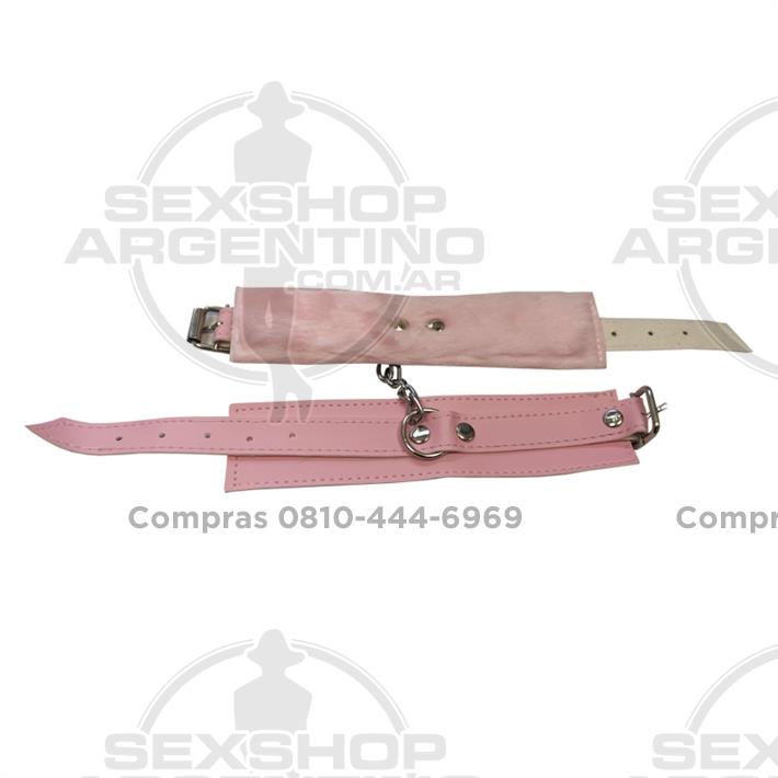 Kit de ecocuero rosa con antifaz, mordaza, esposas y latigo