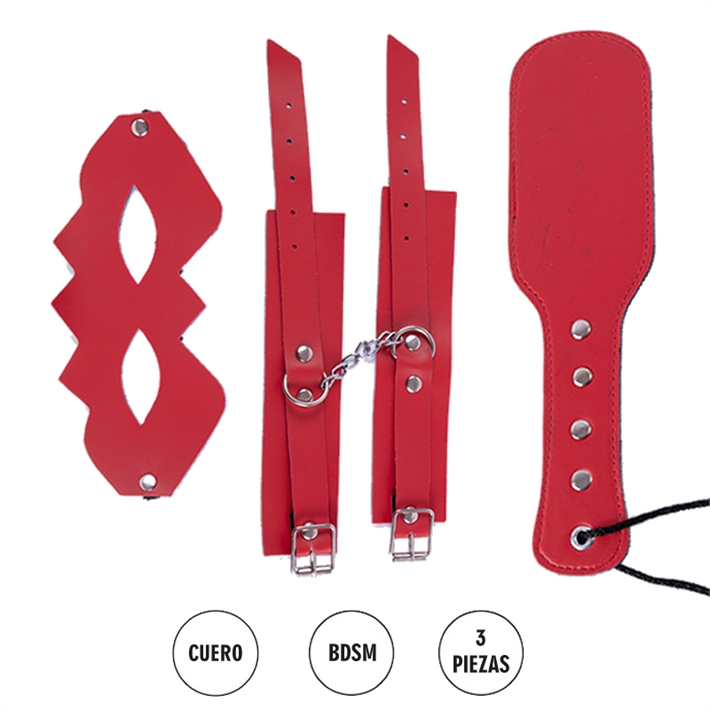 Kit de cuero esposas + antifaz + fusta rojoEAN: 9520047859133