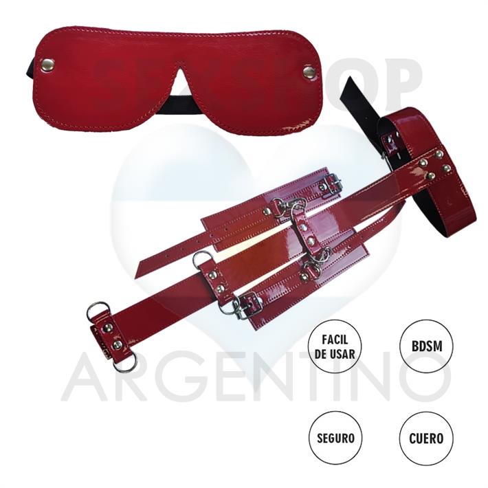 Kit de ecocuero rojo inmobilizador con esposas y antifaz