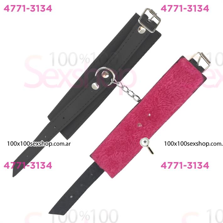 Cód: CA CUKS35150F - Esposas de cuero negro con peluche fucsia - $ 15000