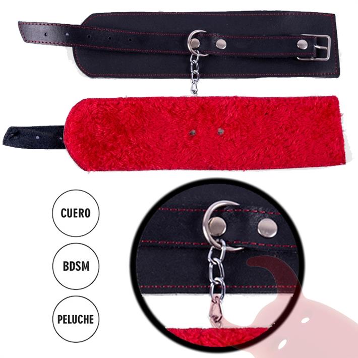 Esposas de cuero negro con peluche rojo