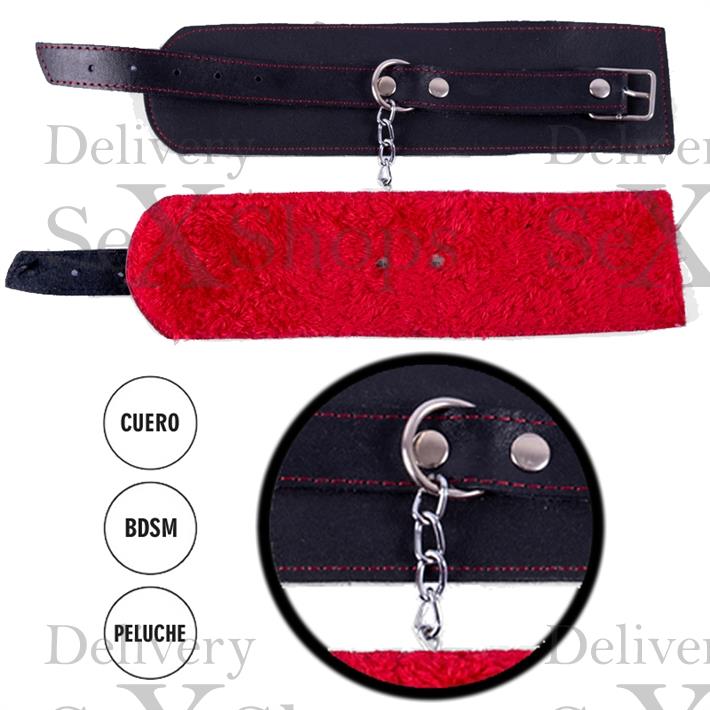 Esposas de cuero negro con peluche rojo