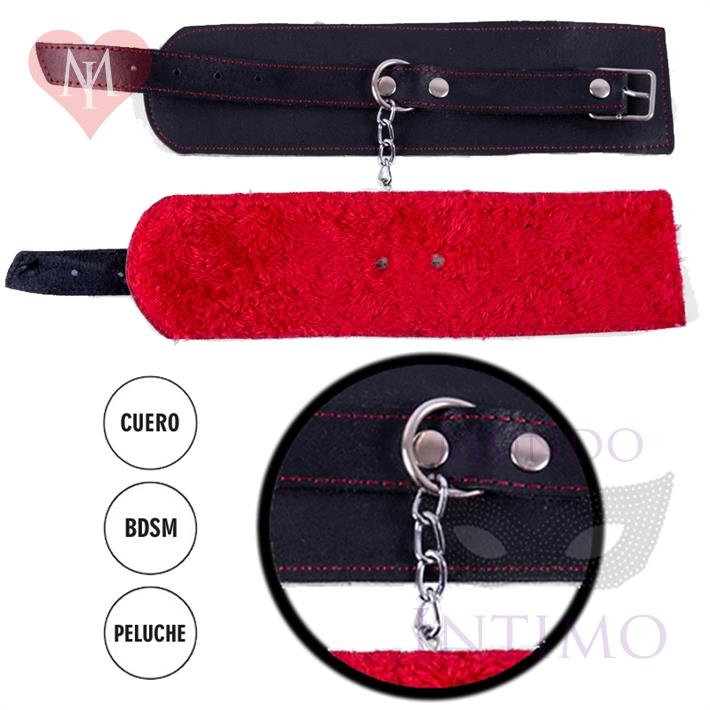 Esposas de cuero negro con peluche rojo
