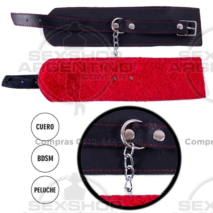 Esposas de cuero negro con peluche rojo