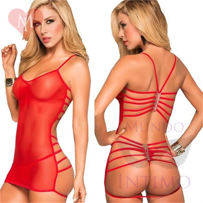  Vestido erótico de tul strass abierto atrás rojo  