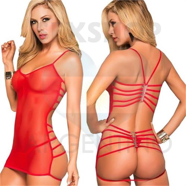 Vestido erótico de tul strass abierto atrás rojo 