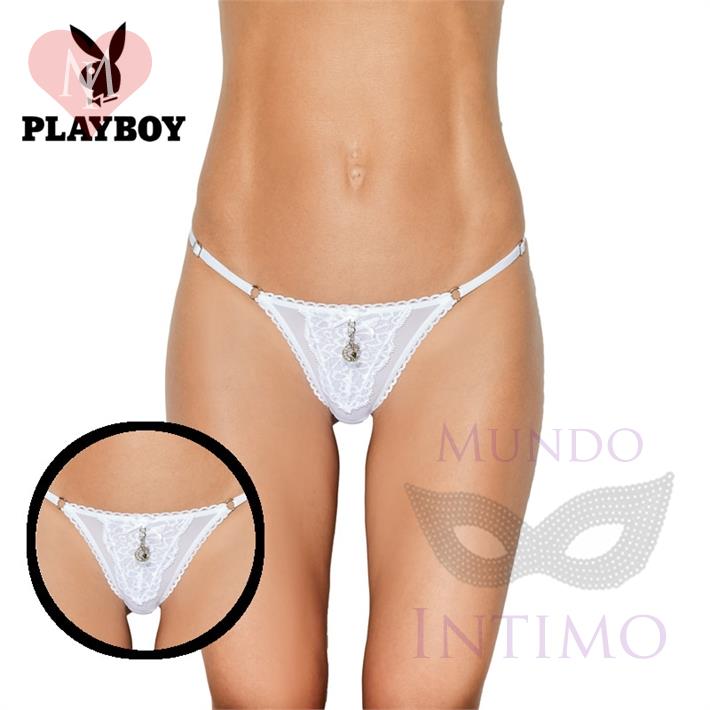 Tanga Premium con detalle de Playboy blanca