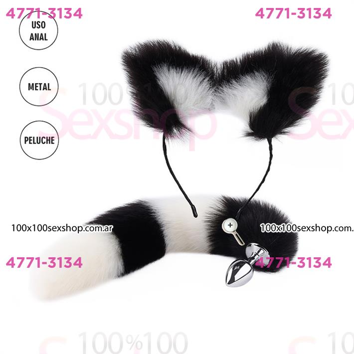 Cód: CA SS-LE-11088 - Plug cola de gato + orejas de gato blancas y negras - $ 34000