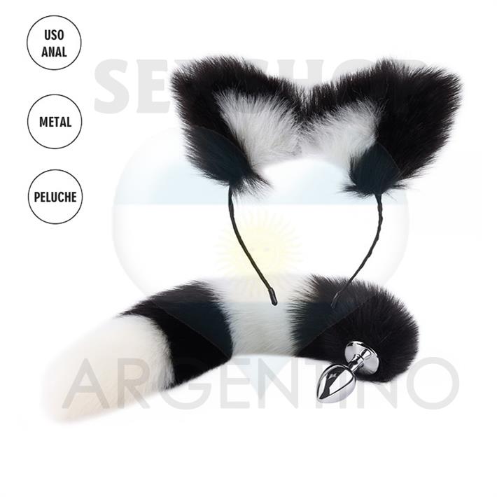 Plug cola de gato + orejas de gato blancas y negras
