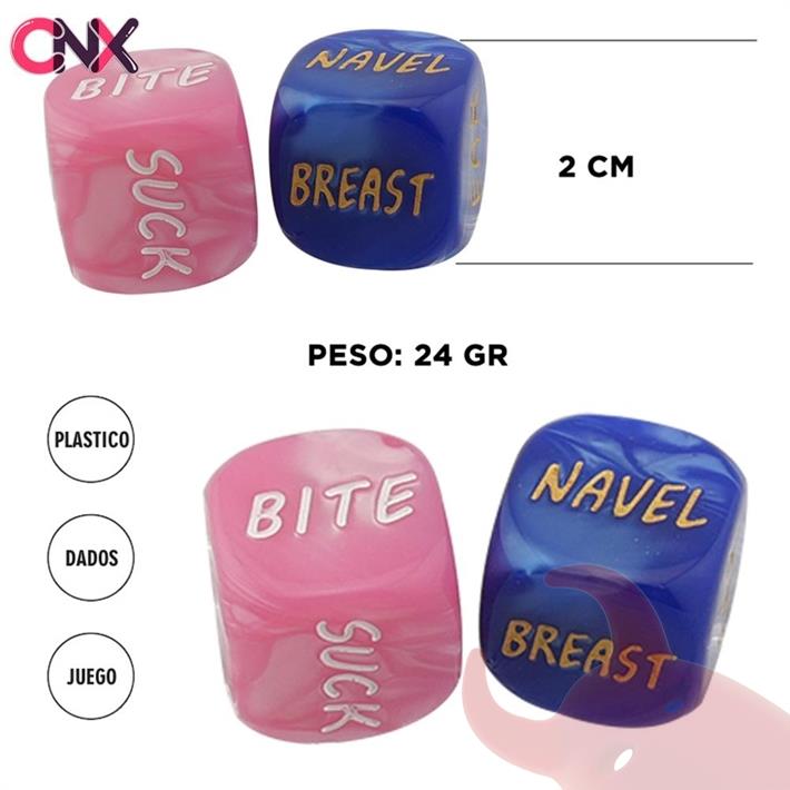  Juego de dados accion + parte del cuerpo rosa y celeste 