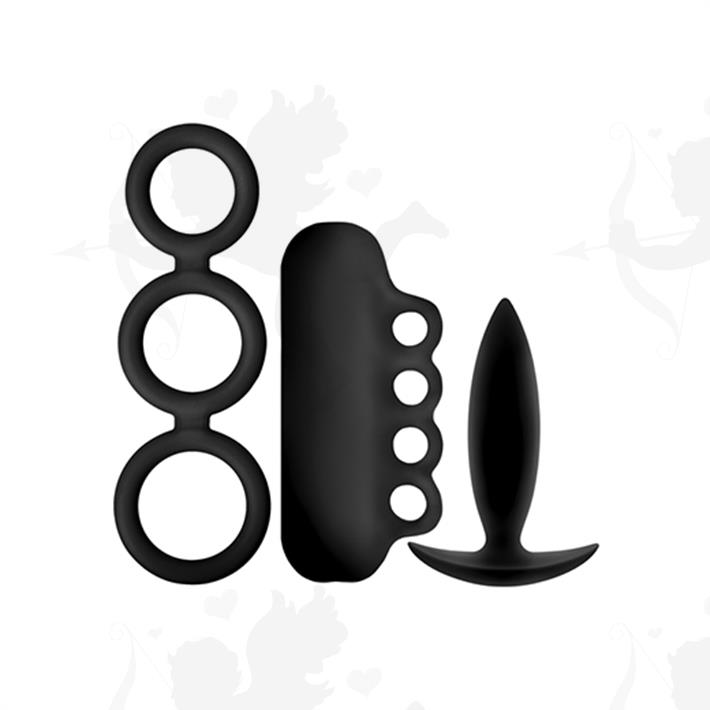Kit x3 - Anillos, masturbador y plug anal en negro