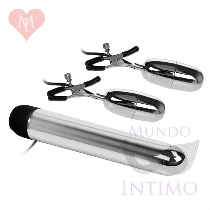 Kit vibrador rigido y prensas de pezones con bala vibradora