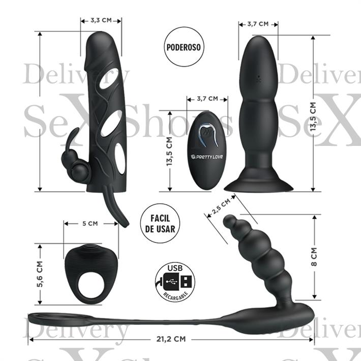  Kit de accesorios: Funda, anillo y doble dilatador anal con vibrador 