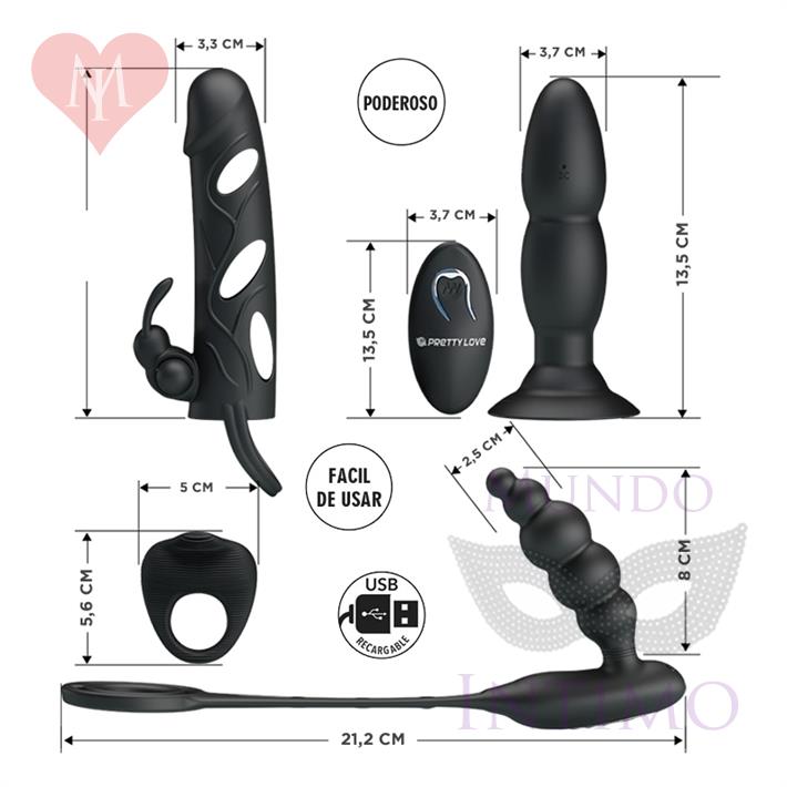  Kit de accesorios: Funda, anillo y doble dilatador anal con vibrador 