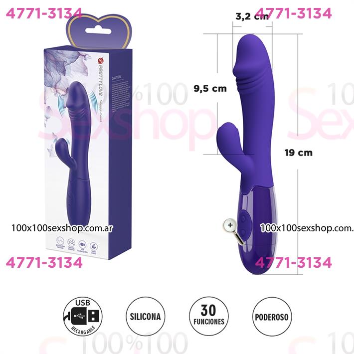 Vibrador con estimulador de clitoris, con 30 funciones y carga USB