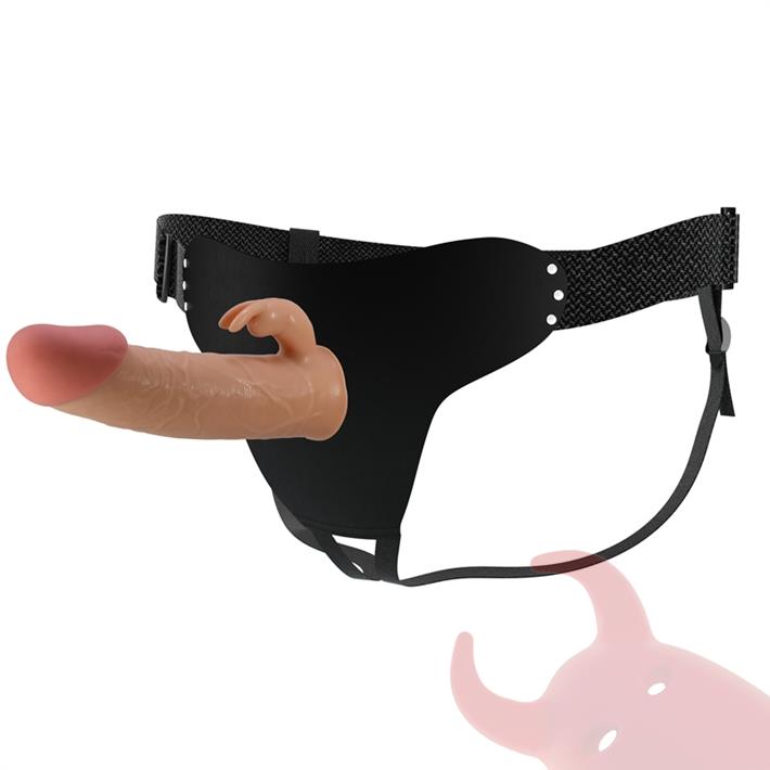 Arnes con dildo de suave textura y conejo estimulador