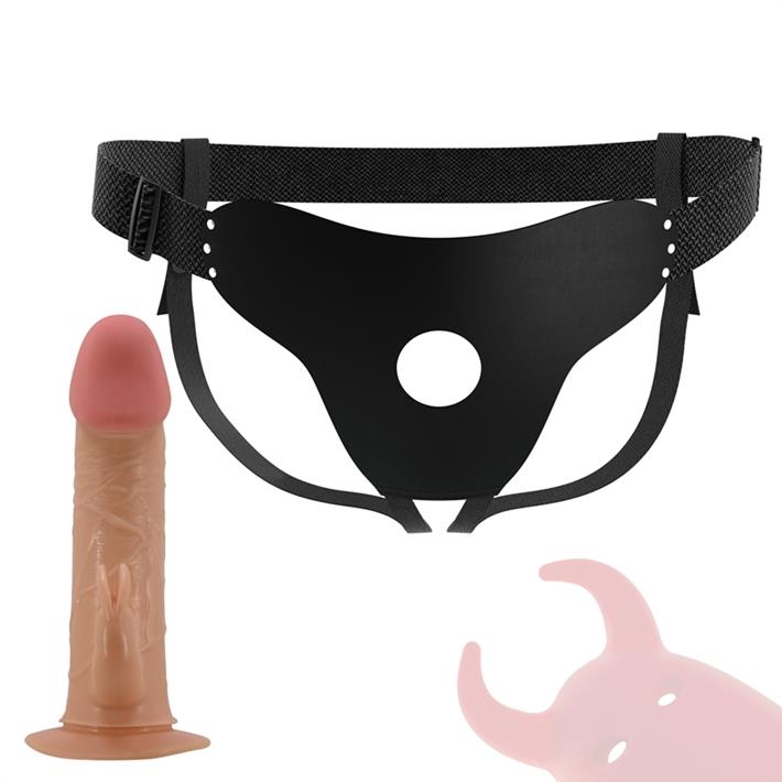 Arnes con dildo de suave textura y conejo estimulador