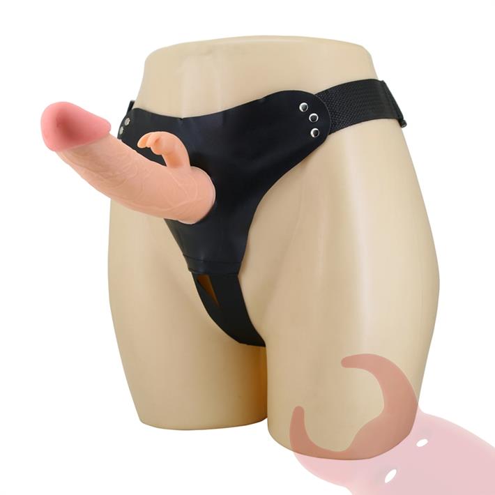 Arnes con dildo de suave textura y conejo estimulador