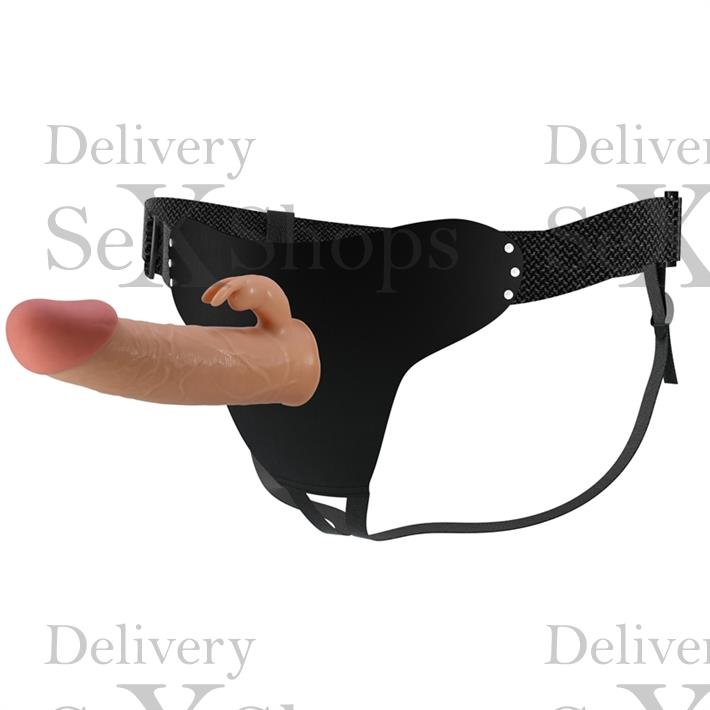 Arnes con dildo de suave textura y conejo estimulador