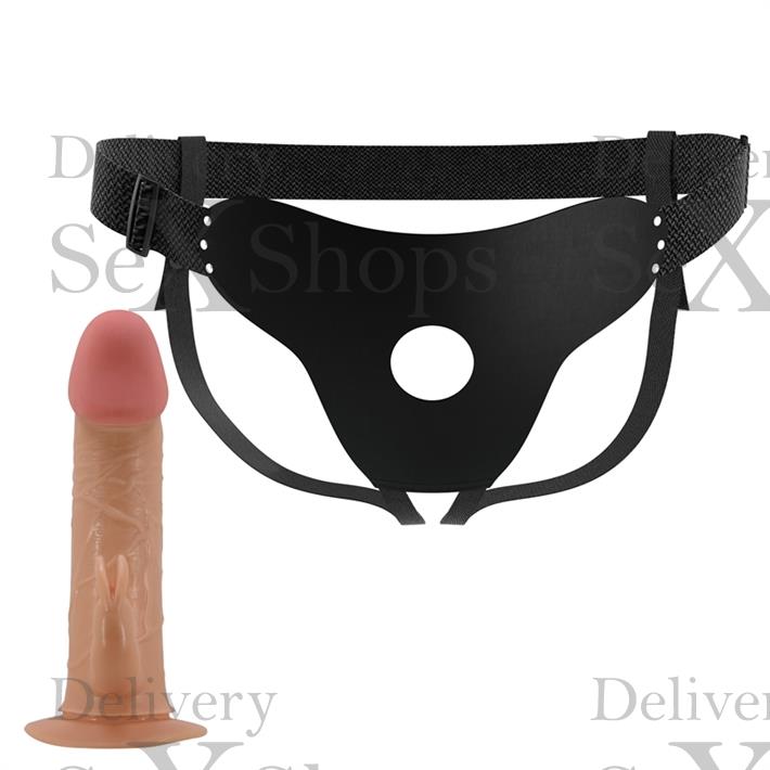 Arnes con dildo de suave textura y conejo estimulador
