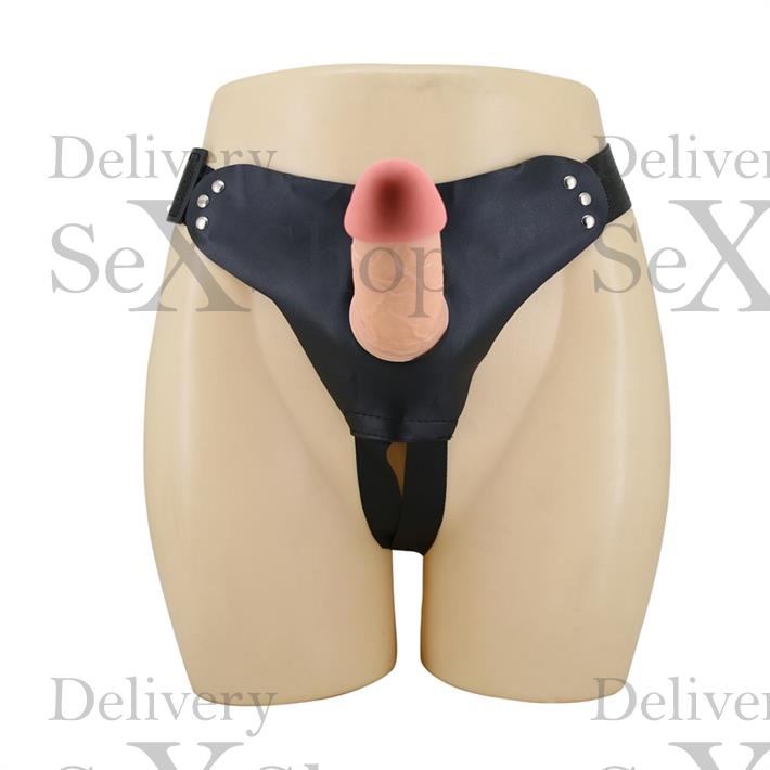 Arnes con dildo de suave textura y conejo estimulador