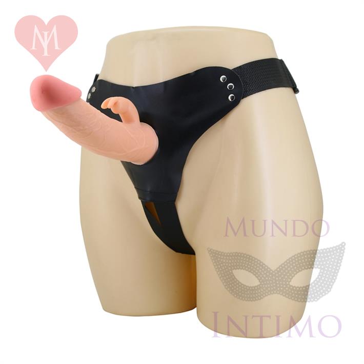 Arnes con dildo de suave textura y conejo estimulador