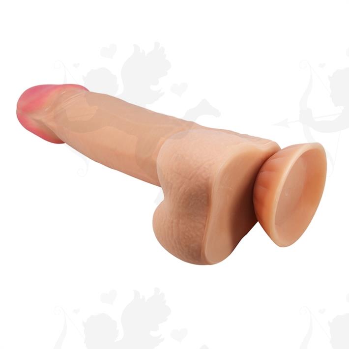 Dildo con testiculos vertebrado con sopapa flexible con piel extensible