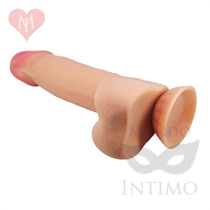 Dildo con testiculos vertebrado con sopapa flexible con piel extensible