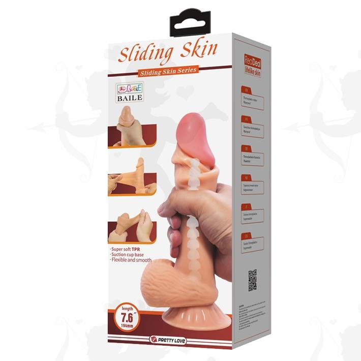 Dildo con testiculos vertebrado con sopapa flexible con piel extensible