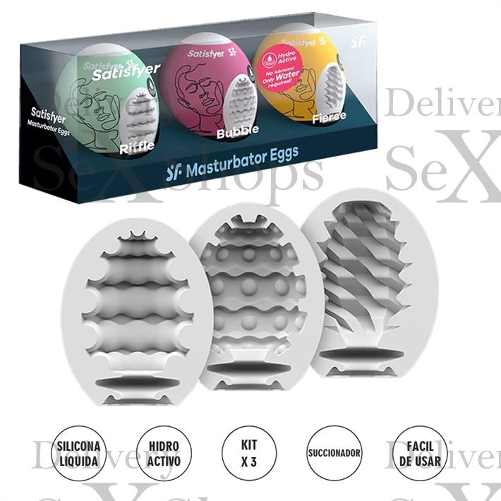  Set de 3 Huevos Masturbadores Texturizados (Riffle, Bubble, Fierce) 